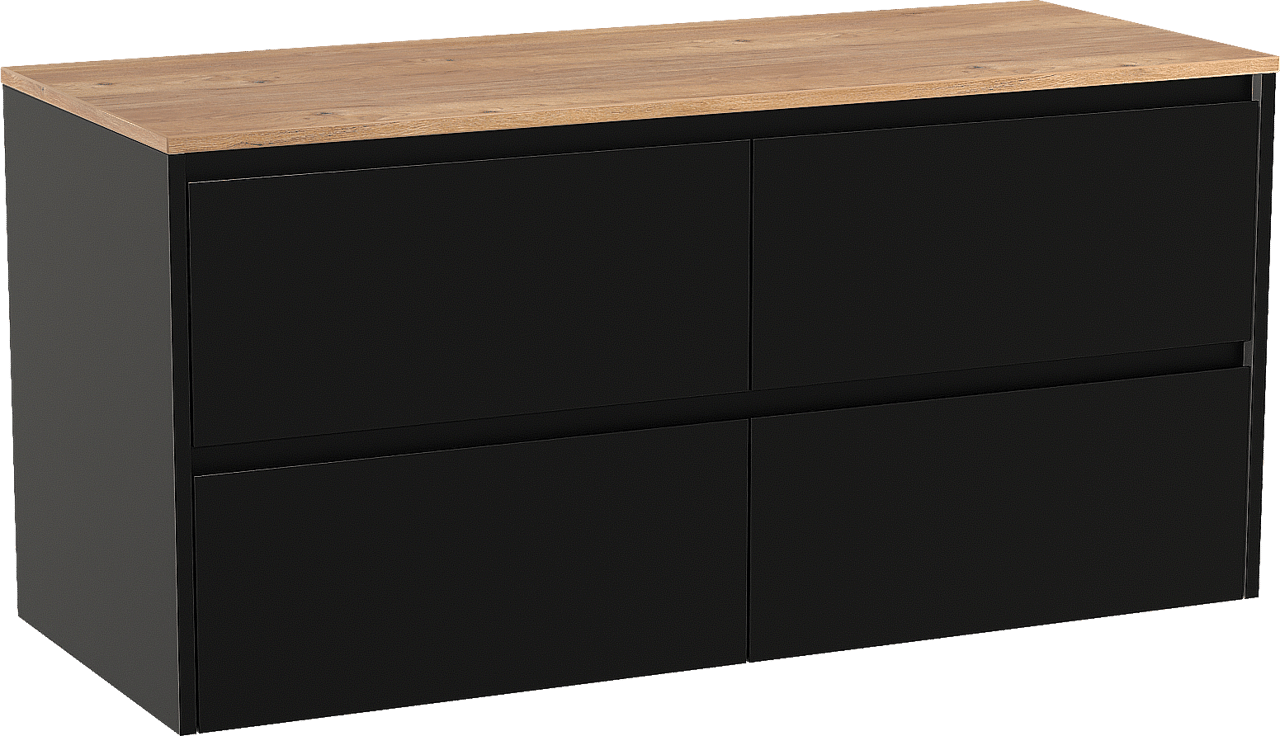 Storke Seda zwevend badkamermeubel 130 x 52 cm mat zwart met Panton enkel of dubbel tablet in melamine ruwe eik
