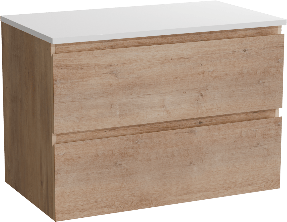 Linie Lado hängendes Möbelstück Set: 80 x 46 cm, Naturbelassene Eiche, mit Lado Einzel Waschtischplatte, Marmorkomposit Weiß glänzend