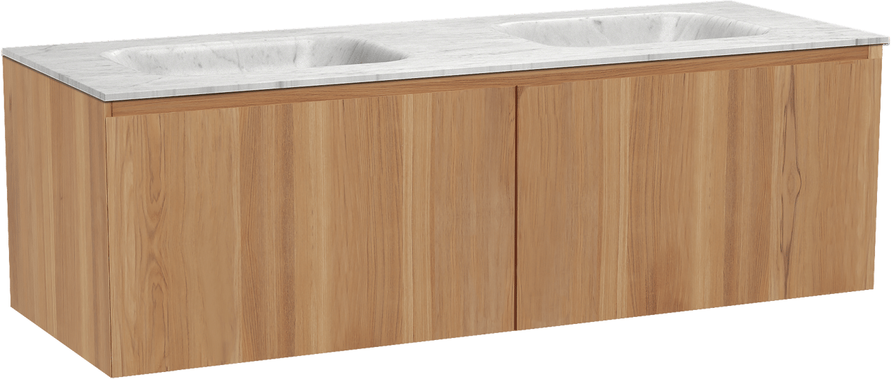 Balmani Idra by Mitra zwevend badkamermeubel 150 x 55 cm teak met Tablo Arcato dubbele wastafel in marmer carrara