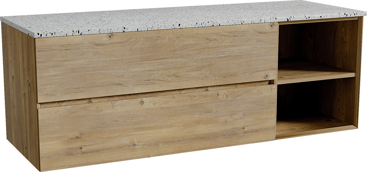 Storke Edge meuble salle de bains suspendu 150 x 52 cm chêne brut avec Tavola tablette simple ou double en blanc/noir mat terrazzo