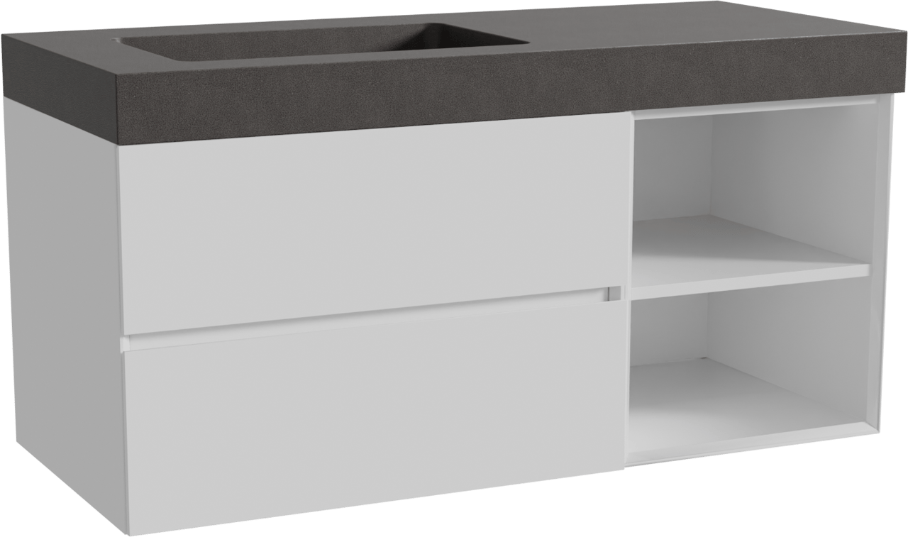 Storke Edge zwevend badkamermeubel 120 x 52 cm glanzend wit met Scuro High asymmetrisch linkse wastafel in kwarts mat zwart