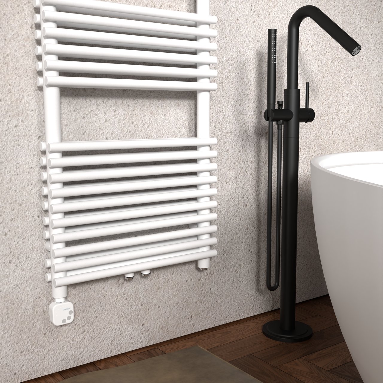 Vipera Alegria dubbele handdoekradiator 60 x 180 cm elektrische verwarming glanzend wit zij- en middenaansluiting 1500W, weerstand inbegrepen