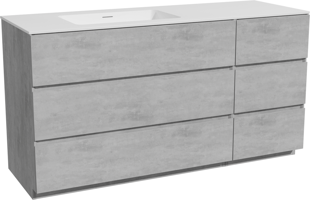 Storke Edge staand badkamermeubel 150 x 52 cm beton donkergrijs met Mata asymmetrisch linkse wastafel in solid surface mat wit