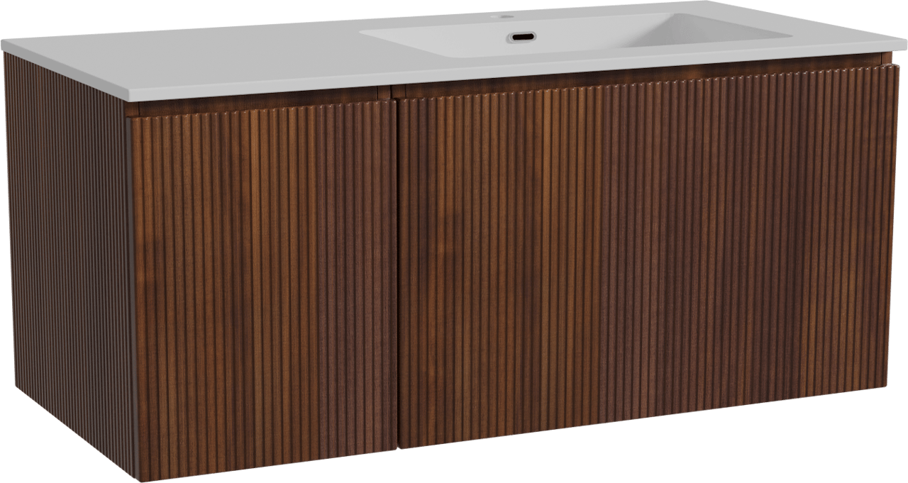 Storke Ribs meuble salle de bains suspendu 110 x 52 cm noyer avec Diva vasque asymétrique droite en marbre composite blanc brillant, Nervure droite symétrique verticale