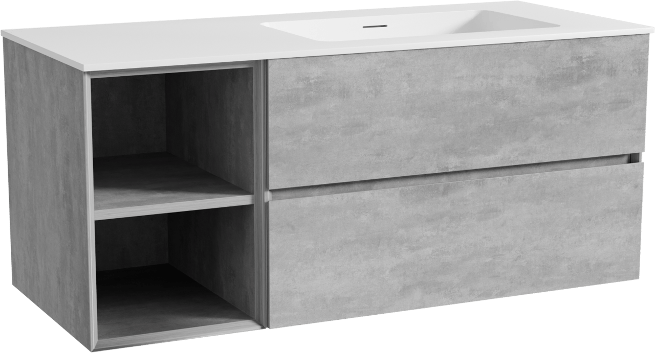 Storke Edge zwevend badmeubel 120 x 52 cm beton donkergrijs met Mata asymmetrisch rechtse wastafel in solid surface mat wit
