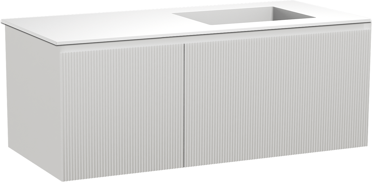 Balmani Fila by Mitra zwevend badmeubel 120 x 55 cm mat wit met Tablo Stretto asymmetrisch rechtse wastafel in solid surface mat wit, Verticale symmetrische rechte ribbel