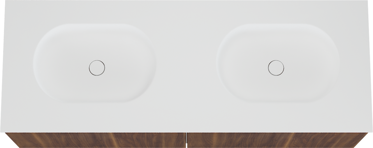 Balmani Sfera by Lucida zwevend badkamermeubel 150 x 55 cm amerikaanse notelaar met Tablo Oval dubbele wastafel in solid surface mat wit