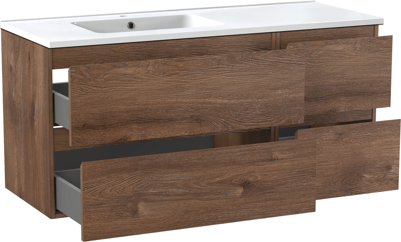 Linie Lado zwevend badmeubel 120 x 46 cm bruin eiken met Vano asymmetrisch linkse wastafel in composietmarmer hoogglans wit
