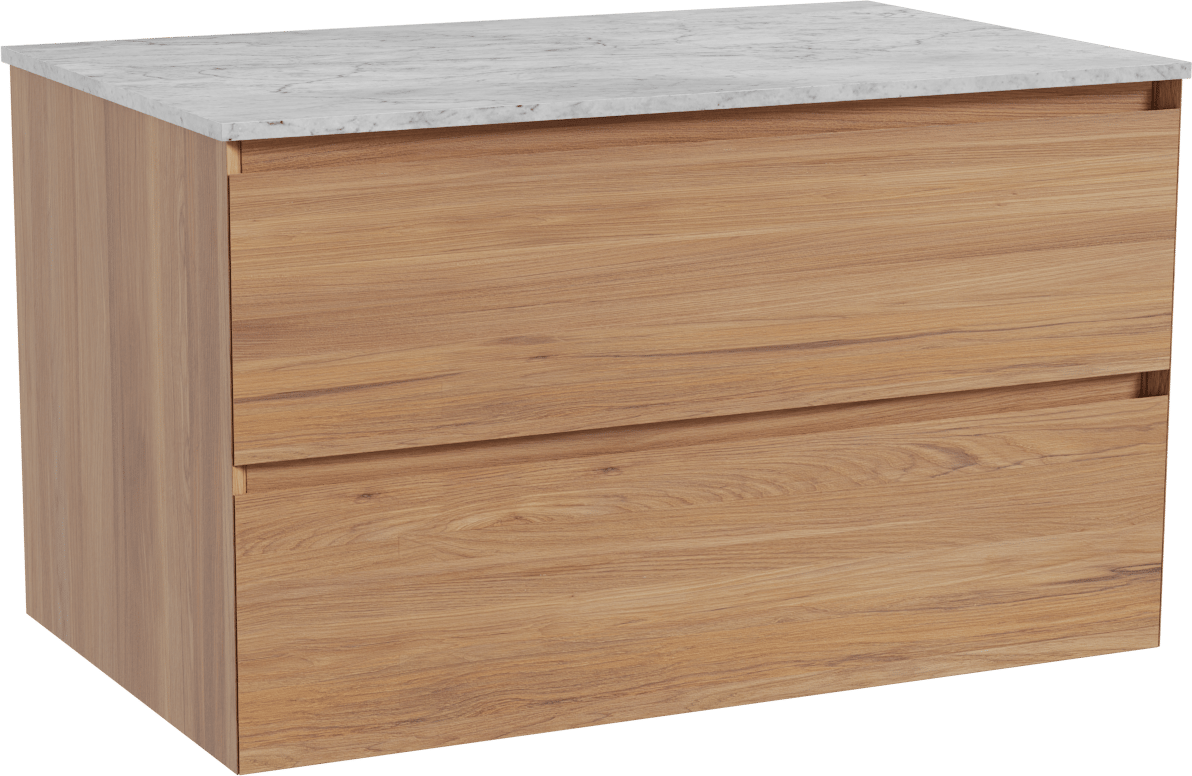 Balmani Mitra zwevend badkamermeubel 90 x 55 cm teak met Stretto enkel tablet in marmer carrara