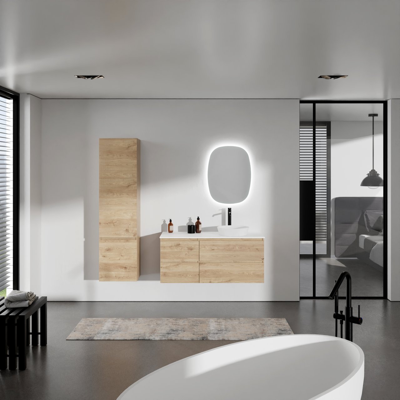 Balmani Lucida meuble salle de bains suspendu 120 x 55 cm chêne brut avec Stretto tablette simple ou double en solid surface blanc mat