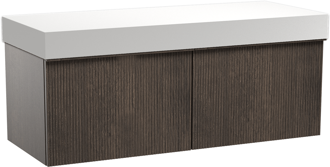 Balmani Forma zwevend badkamermeubel 135 x 55 cm gerookte eik met Dominus enkel of dubbel tablet in solid surface mat wit, Verticale symmetrische rechte ribbel