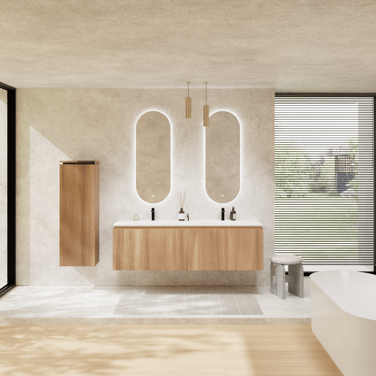 Balmani Eclips meuble salle de bains suspendu 180 x 55 cm Teck avec Eclips double vasque en Solid Surface blanc mat