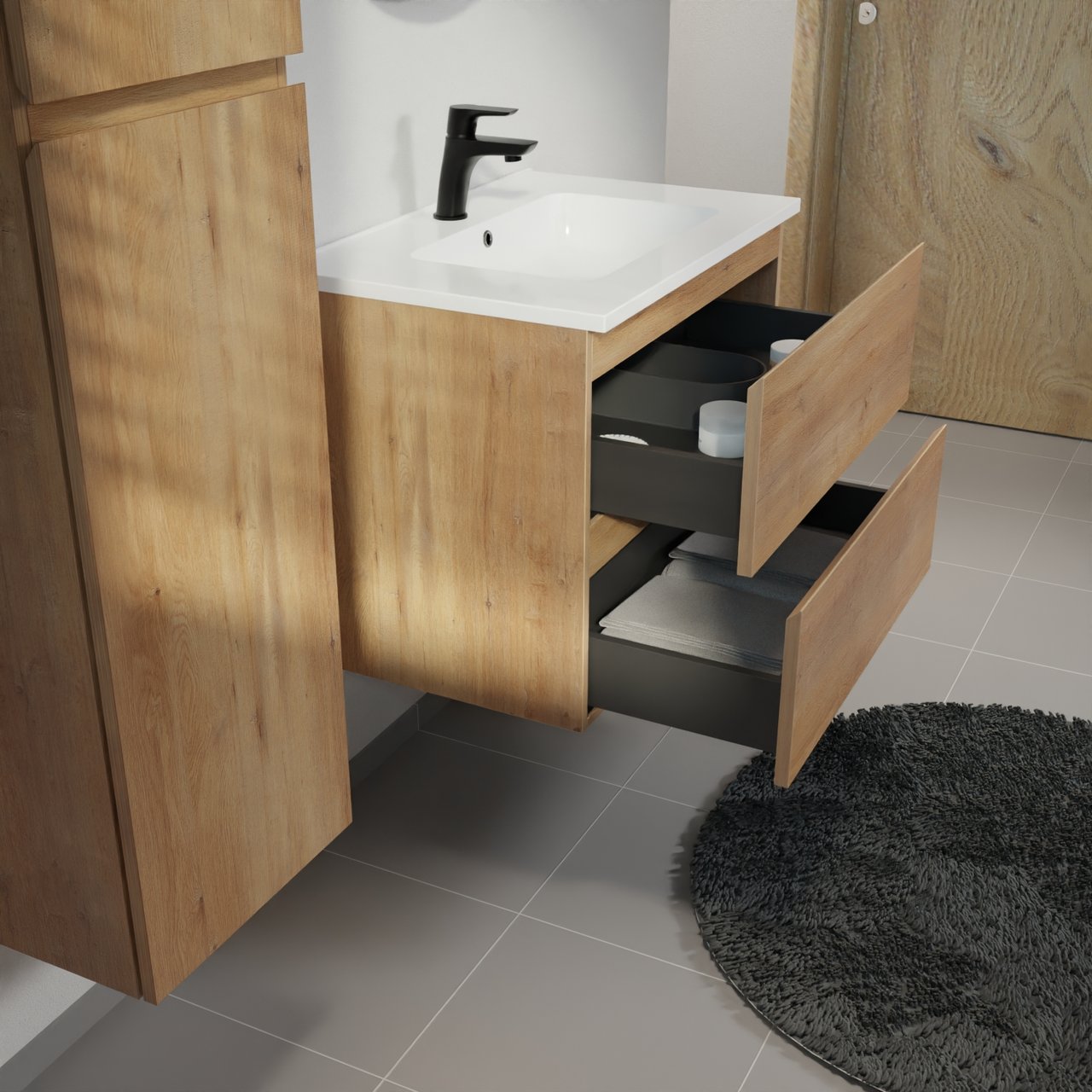 Linie Lado meuble salle de bains suspendu 70 x 46 cm chêne naturel avec Vano plan simple en marbre composite blanc brillant