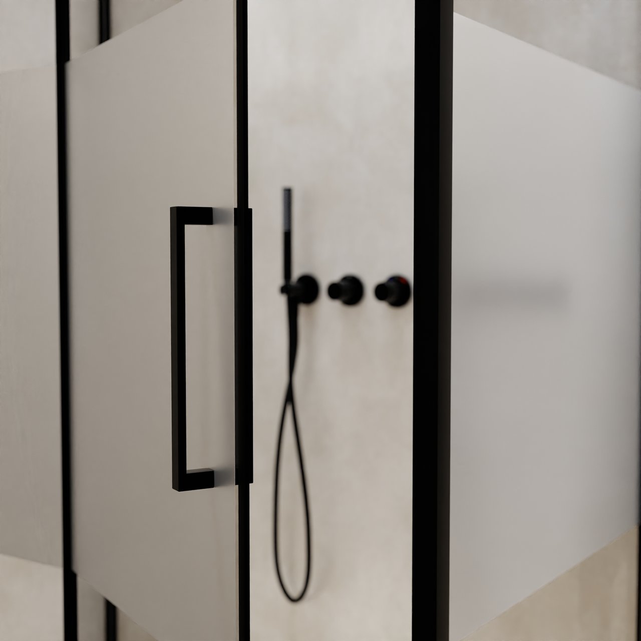 Balmani Senses Design douche en coin avec porte pivotante à gauche et paroi latérale fixe, 100 x 100 cm, Verre transparent avec bande matte, Profil noir, coating inclus