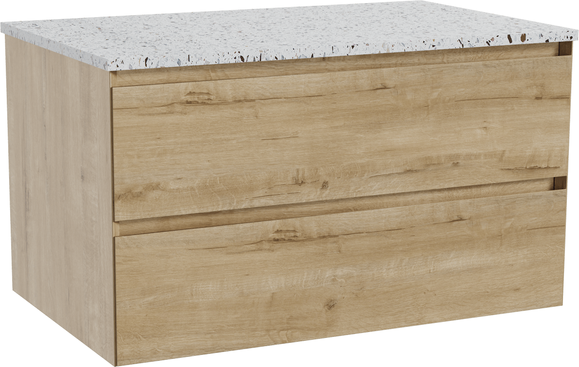 Balmani Mitra meuble salle de bains suspendu 90 x 55 cm chêne brut avec Stretto tablette simple en blanc/noir mat terrazzo