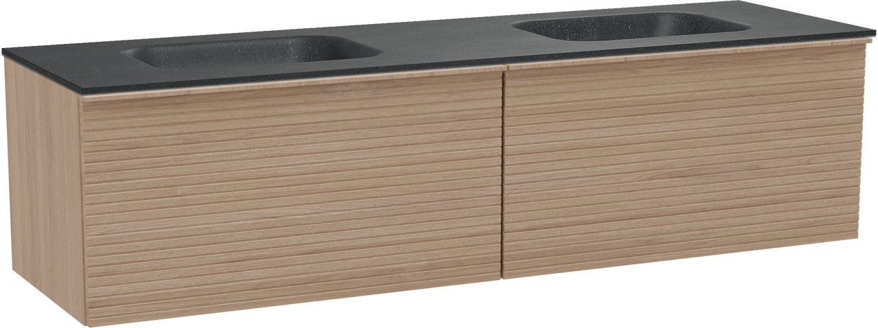 Balmani Forma zwevend badmeubel 180 x 55 cm naturel eiken met Tablo Arcato dubbele wastafel in zwart graniet, Horizontale symmetrische rechte ribbel