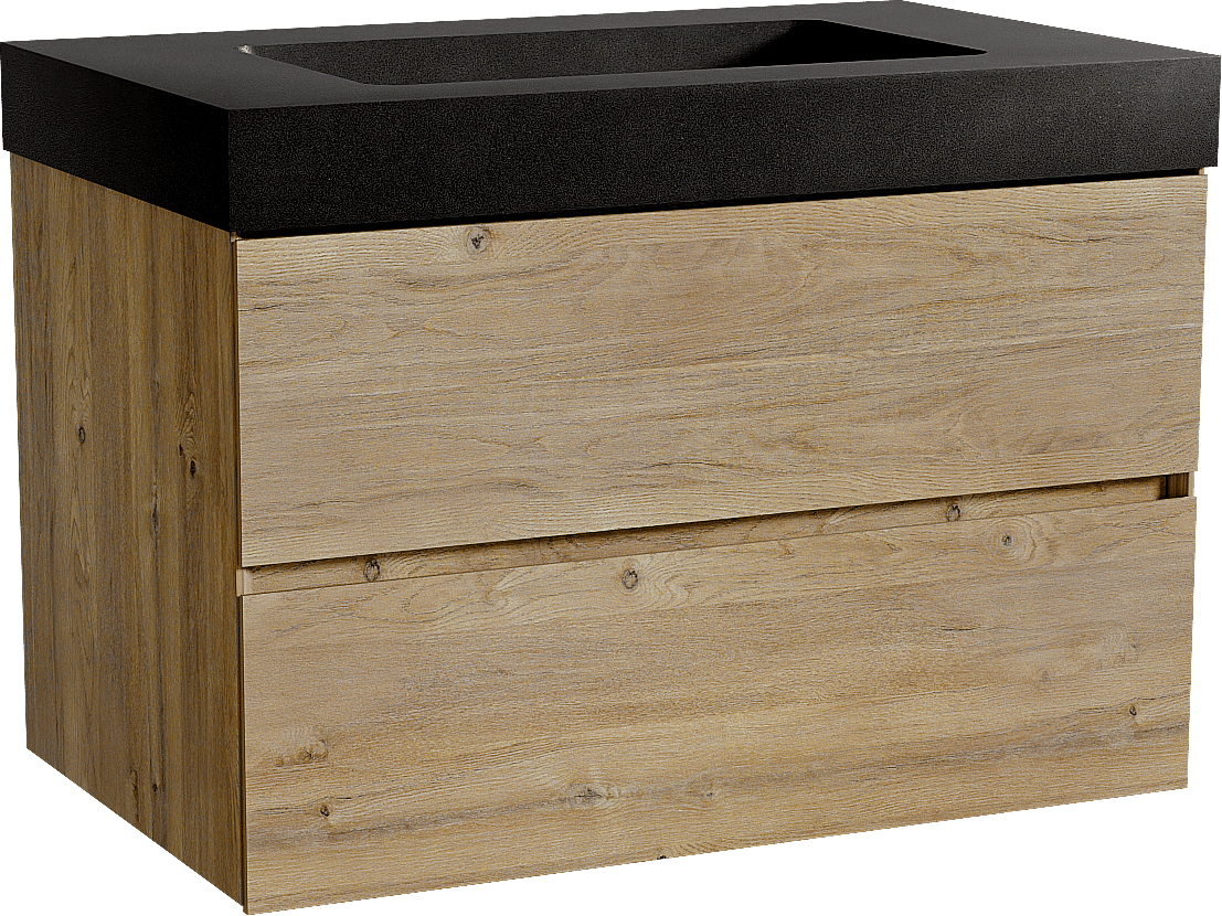 Storke Edge zwevend badmeubel 85 x 52 cm ruw eiken met Scuro High enkele wastafel in kwarts mat zwart