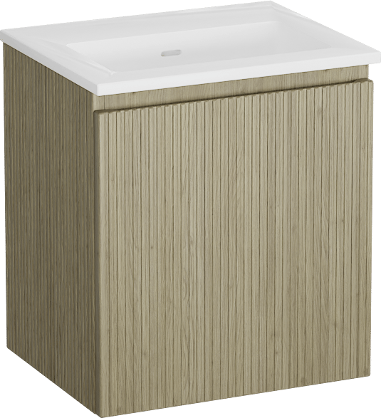 Storke Ribs zwevend badkamermeubel 45 x 35 cm ruwe eik met Bilia enkele wastafel in composietmarmer glanzend wit, Verticale symmetrische rechte ribbel