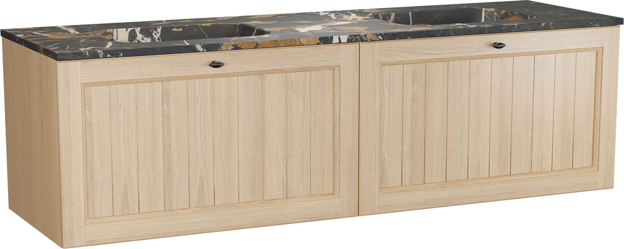 Balmani Lemon zwevend badkamermeubel 180 x 55 cm, fineer natuur eik met Tablo Arcato dubbele wastafel in portoro gold