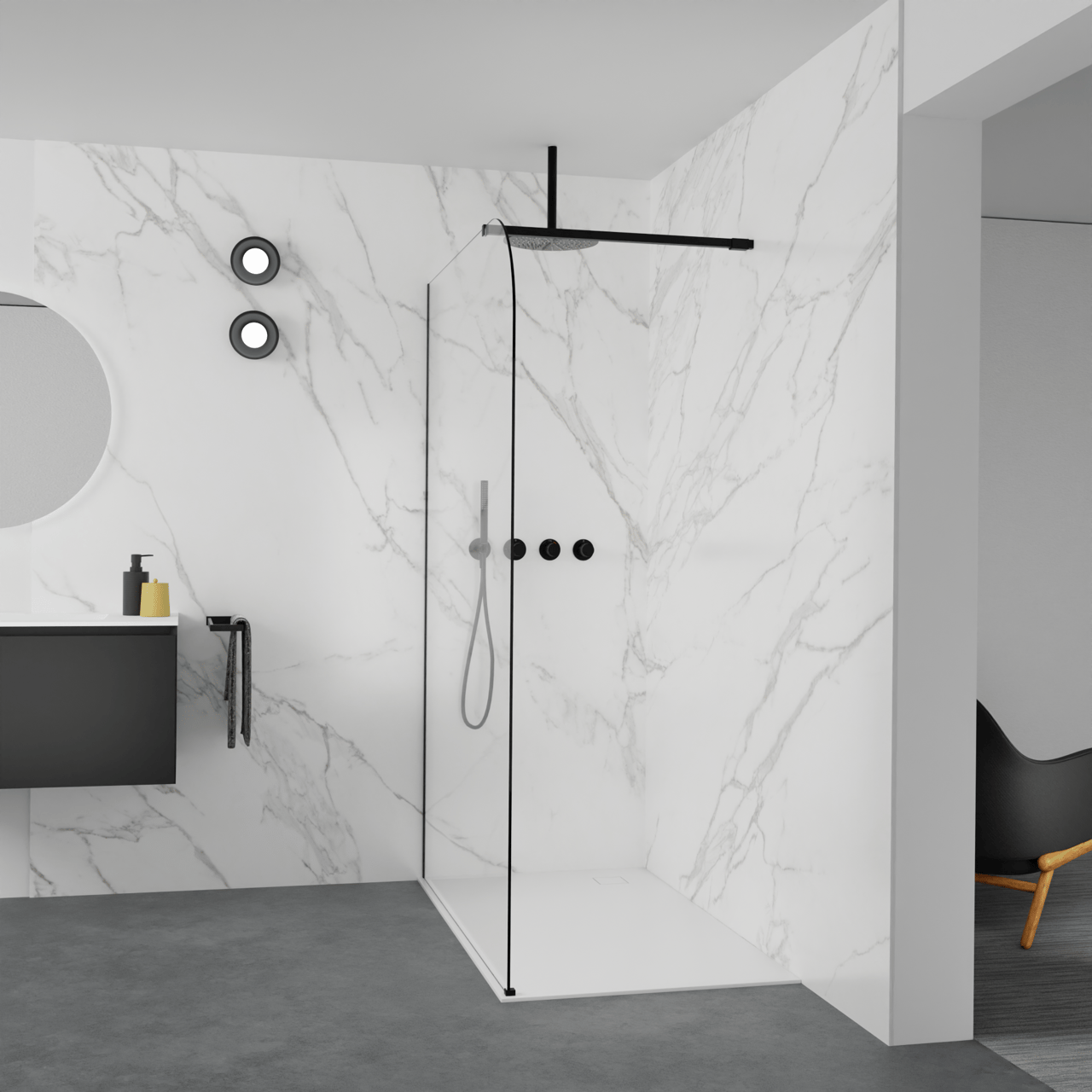 Balmani Modular inloopdouche: 140 x 200 cm, Helder glas afgerond met coating, Mat zwarte profielen