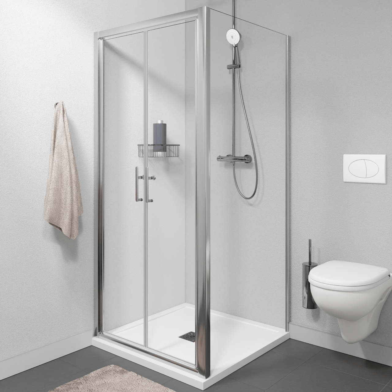 Linie Cadiz Eckdusche Pendeltür mit fixierter Seitenwand, 90 x 80 cm, Klarglas, Brushed Chrome Profil