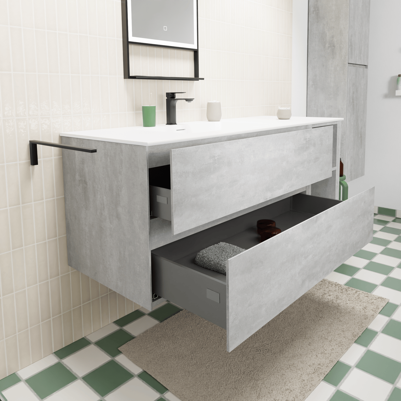 Storke Edge zwevend badkamermeubel 140 x 52 cm beton donkergrijs met Mata asymmetrisch linkse wastafel in solid surface mat wit