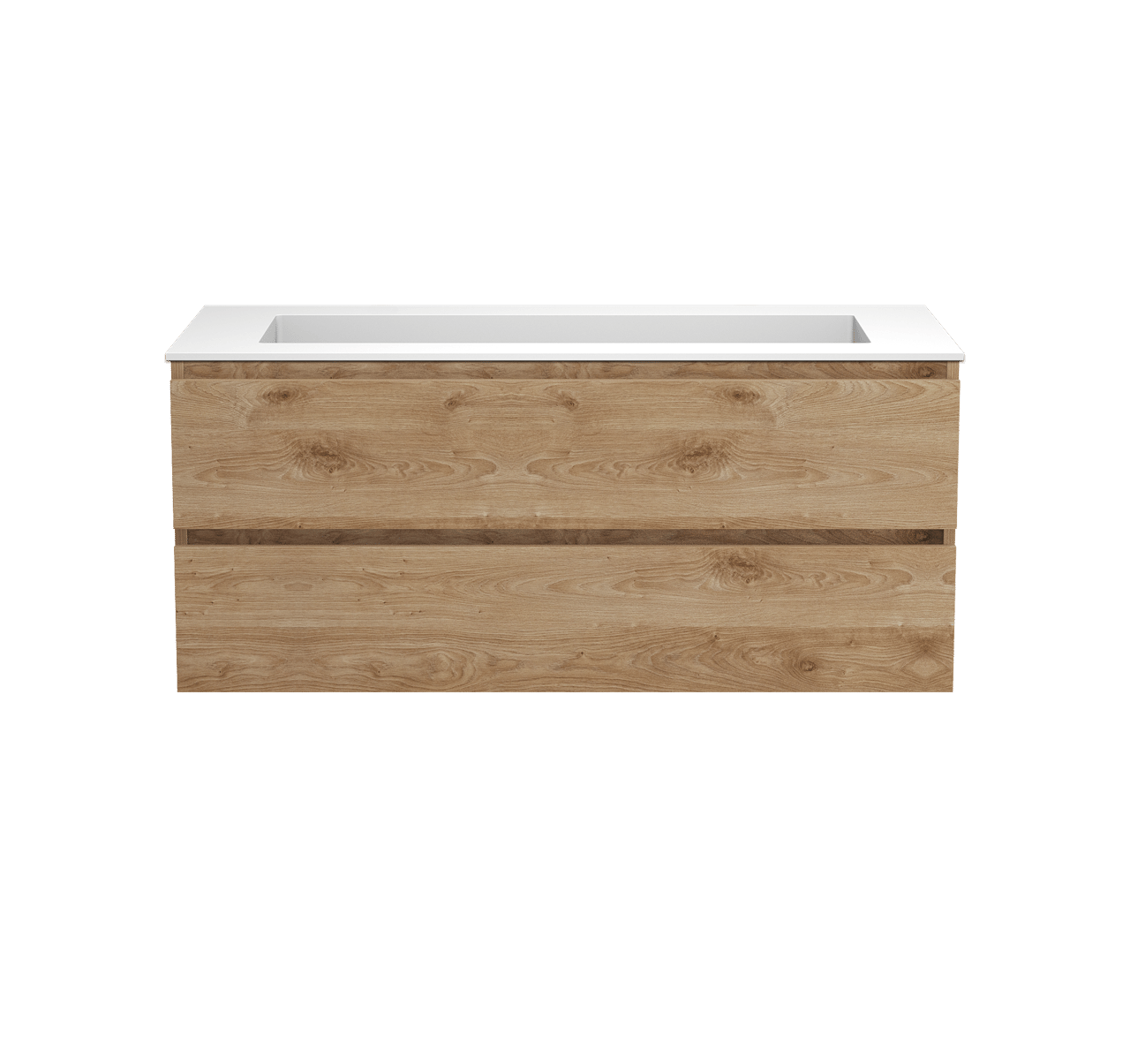 Balmani Lucida zwevend badmeubel 120 x 55 cm ruw eiken met Tablo Stretto enkele wastafel voor 2 kraangaten in solid surface mat wit