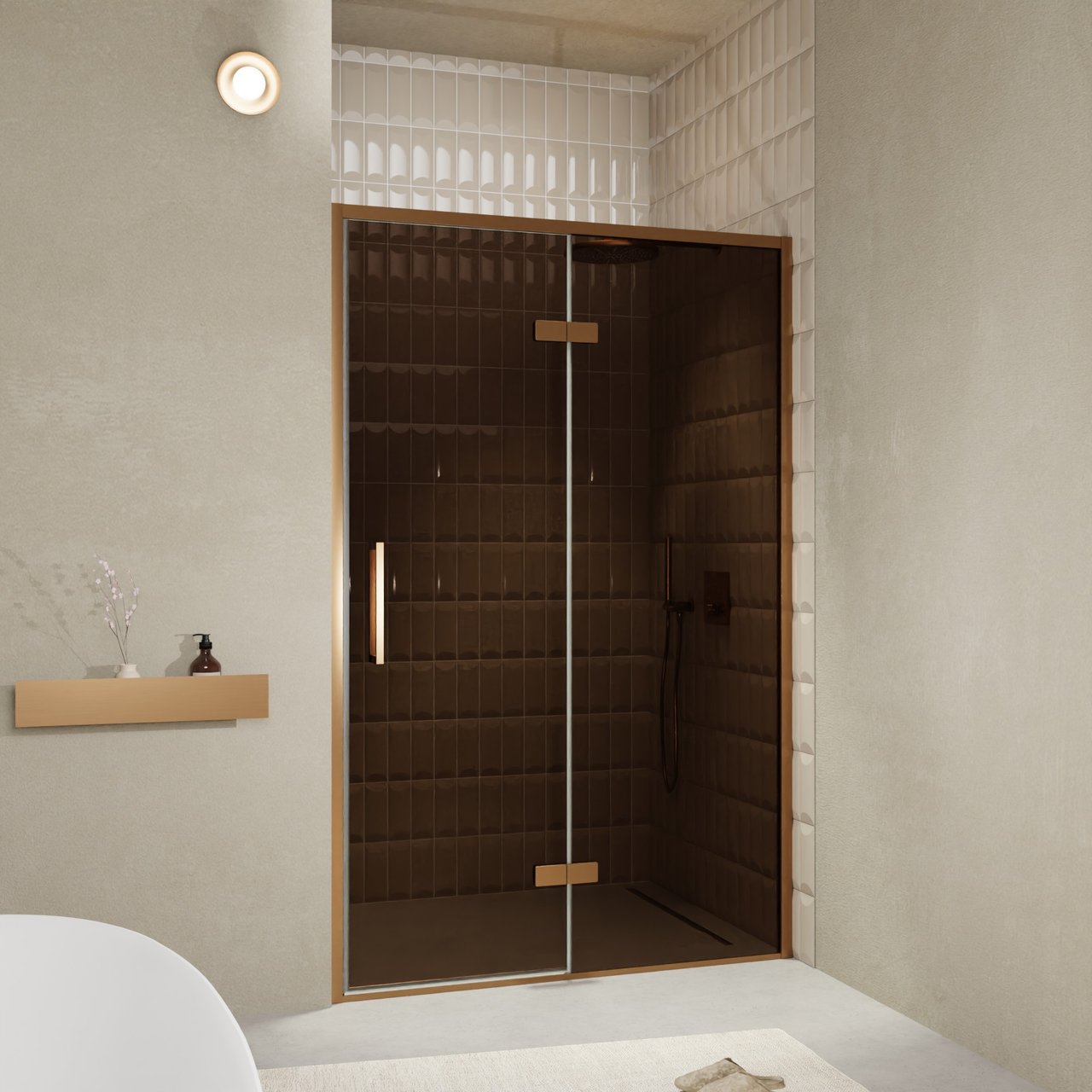 Balmani Senses Design douche draaideur rechts 140 cm x 210 cm Brons glas, Brushed Rosegold profielen