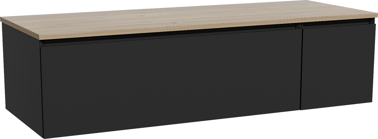 Storke Edge zwevend badkamermeubel 140 x 52 cm mat zwart met Panton enkel of dubbel tablet in melamine ruwe eik