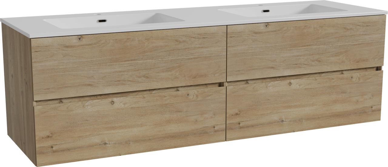 Storke Edge meuble salle de bains suspendu 170 x 52 cm chêne brut avec Diva double vasque en marbre composite blanc brillant