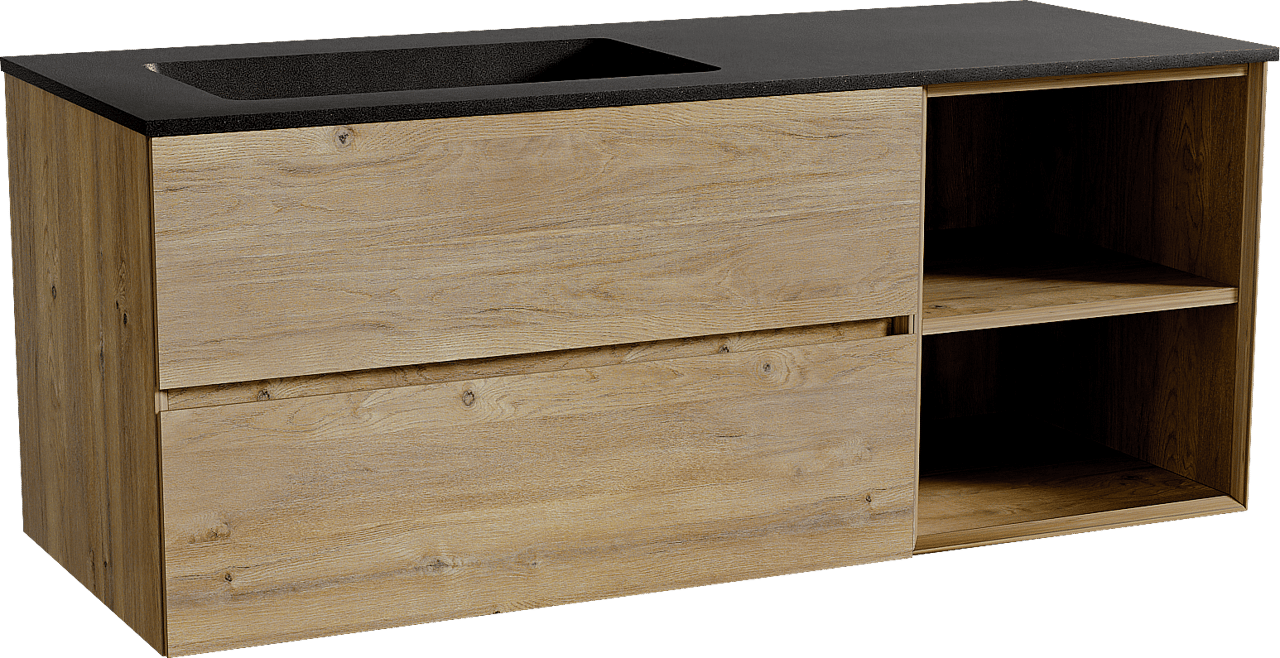 Storke Edge zwevend badmeubel 130 x 52 cm ruw eiken met Scuro asymmetrisch linkse wastafel in kwarts mat zwart