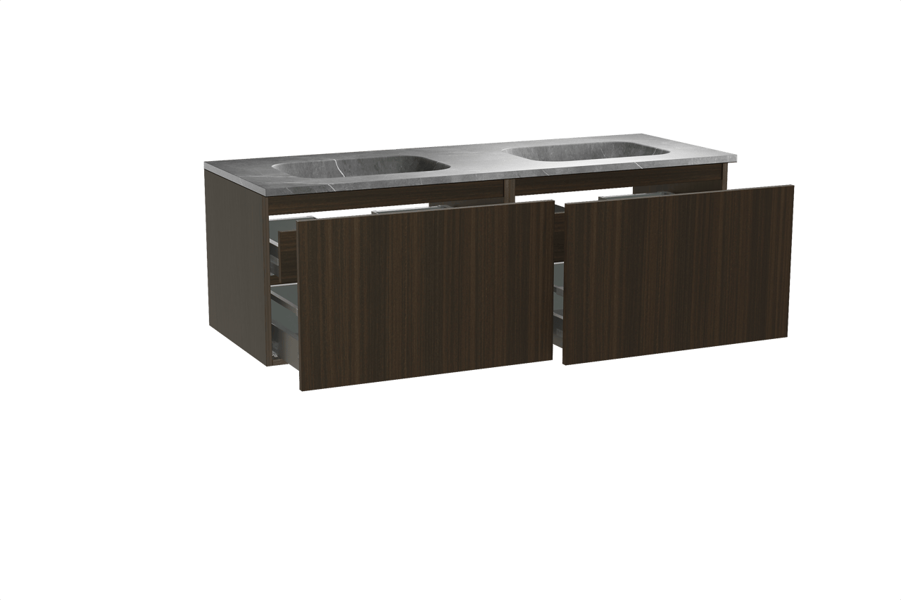 Balmani Sfera by Lucida zwevend badmeubel 150 x 55 cm eucalyptus met Tablo Arcato dubbele wastafel in marmer pietra grey