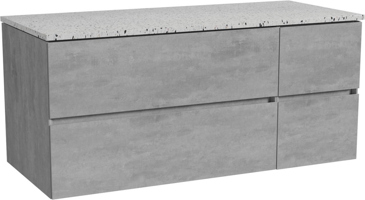 Storke Edge zwevend badmeubel 120 x 52 cm beton donkergrijs met Tavola enkel of dubbel wastafelblad in mat wit/zwart terrazzo