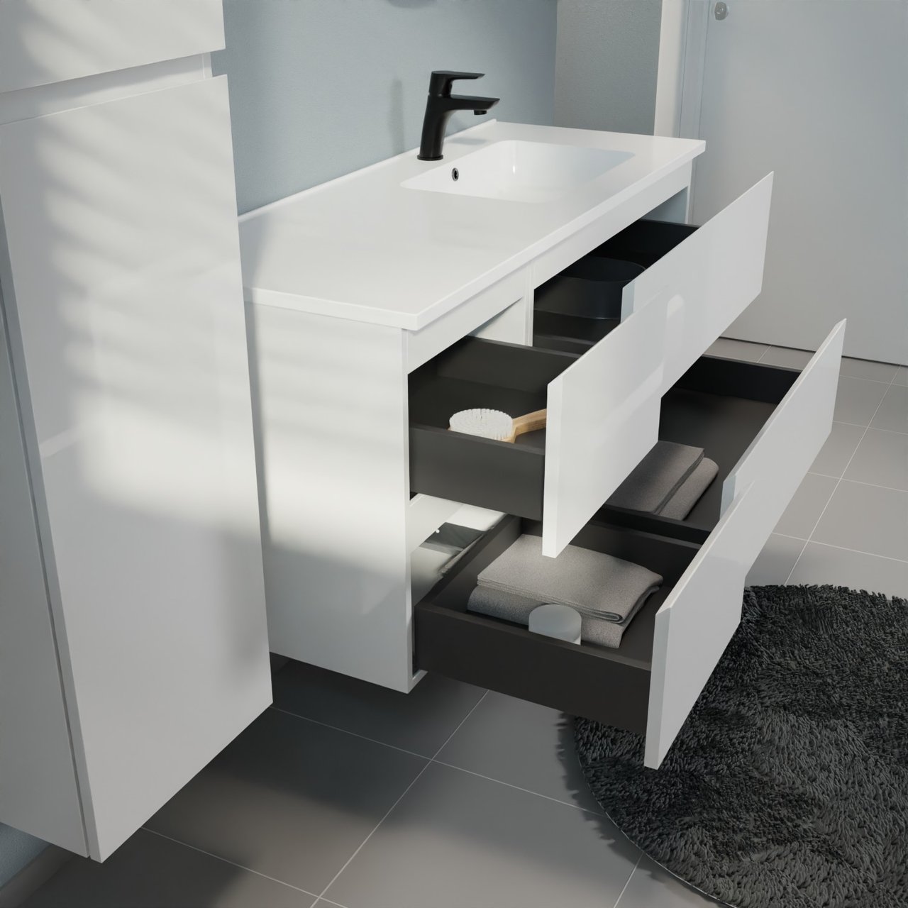 Linie Lado meuble salle de bains suspendu 120 x 46 cm blanc brillant avec Vano vasque asymétrique droite en marbre composite blanc brillant