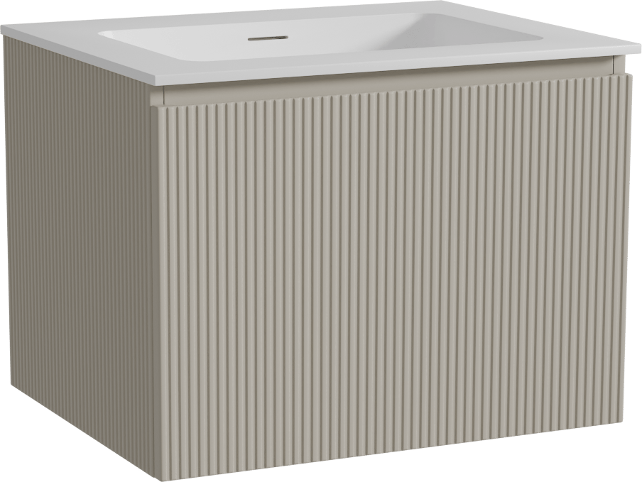 Storke Ribs zwevend badkamermeubel 65 x 52 cm zijdegrijs met Mata enkele wastafel in solid surface mat wit, Verticale symmetrische rechte ribbel