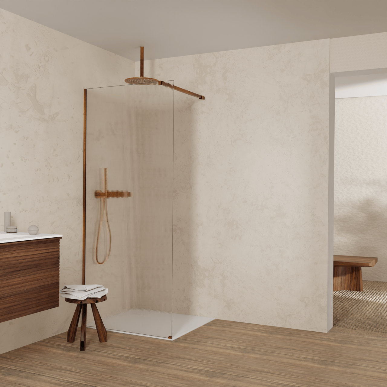 Balmani Modular Walk-In Dusche: 90 x 200 cm, Ribs, inklusive Coating, Profil Brushed Rosegold