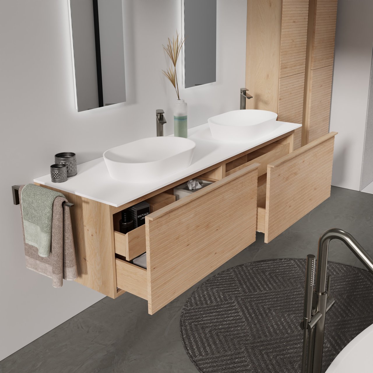 Balmani Forma zwevend badkamermeubel 180 x 55 cm natuur eik met Stretto enkel of dubbel tablet in solid surface mat wit, Horizontale symmetrische rechte ribbel