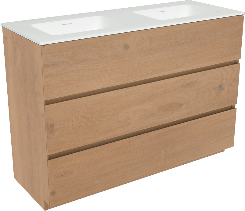Storke Edge freistehendes Möbelstück Set: 120 x 46 cm, Rohe Eiche, mit Mata Doppelwaschtisch, Solid Surface Weiß matt