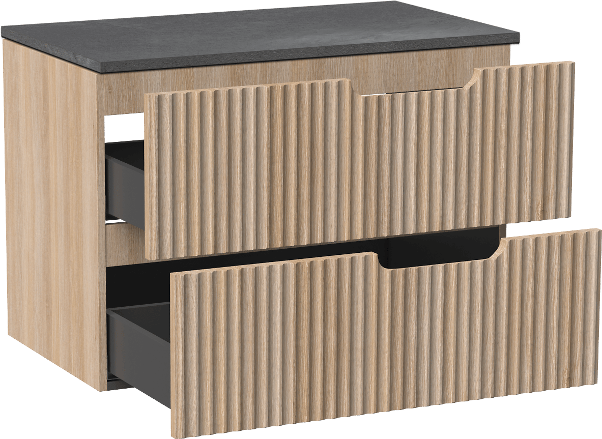 Linie Ribbo zwevend badkamermeubel 80 x 46 cm lichte eik met Lado enkel tablet in melamine leisteen grijs, Verticale symmetrische ronde ribbel