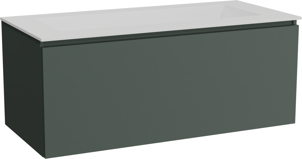 Balmani Sfera by Lucida zwevend badmeubel 120 x 55 cm forest met Tablo Stretto enkele wastafel voor 2 kraangaten in solid surface mat wit
