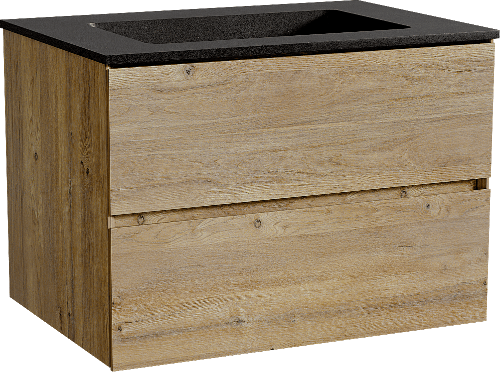 Storke Edge meuble salle de bains suspendu 75 x 52 cm chêne brut avec Scuro plan simple en quartz noir mat