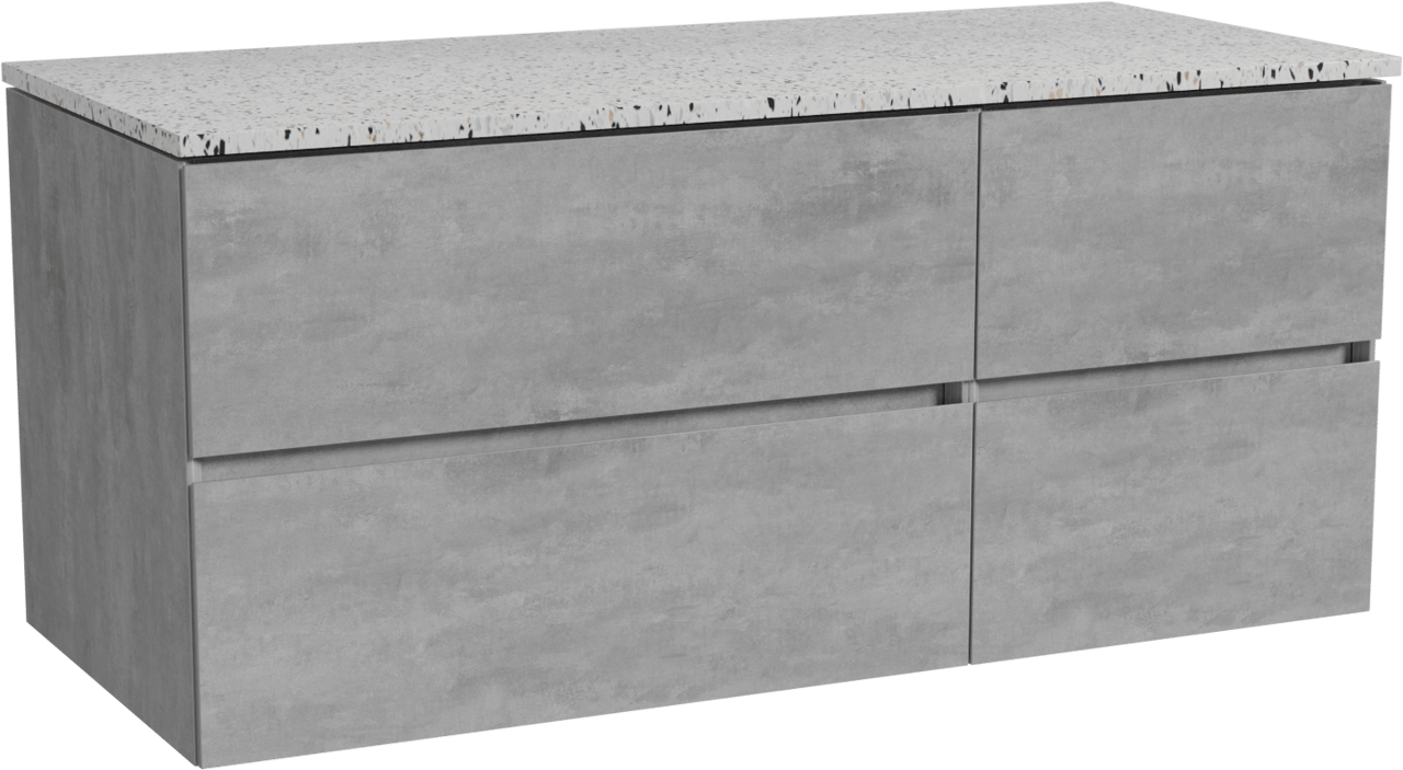 Storke Edge meuble salle de bains suspendu 120 x 52 cm béton gris foncé avec Tavola tablette simple ou double en blanc/noir mat terrazzo