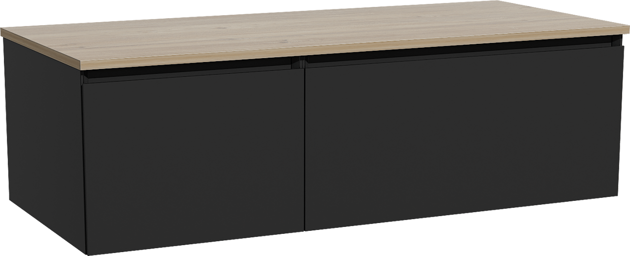 Storke Edge zwevend badmeubel 120 x 52 cm mat zwart met Panton enkel of dubbel wastafelblad in melamine ruw eiken