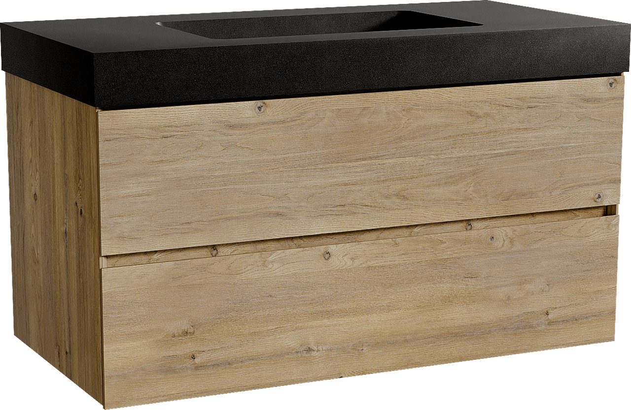 Storke Edge zwevend badkamermeubel 105 x 52 cm ruwe eik met Scuro High enkele wastafel in kwarts mat zwart