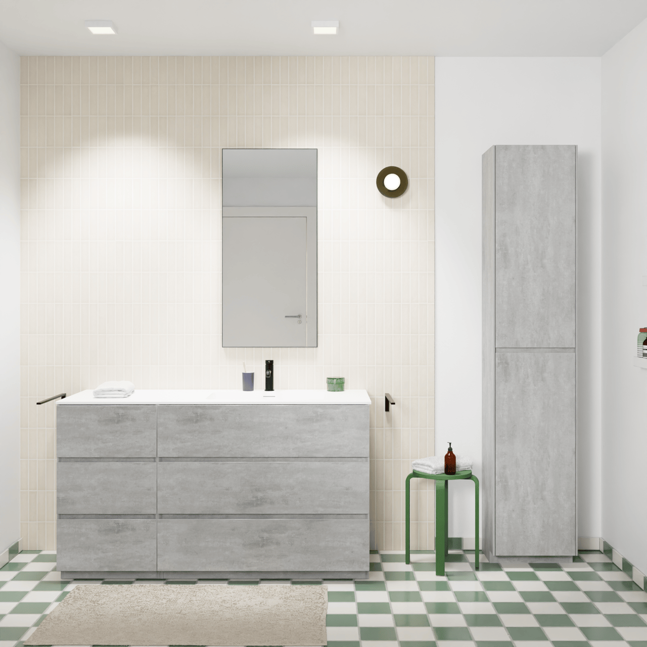 Storke Edge meuble salle de bains à poser 140 x 52 cm béton gris foncé avec Mata plan vasque asymétrique à droite en solid surface blanc mat