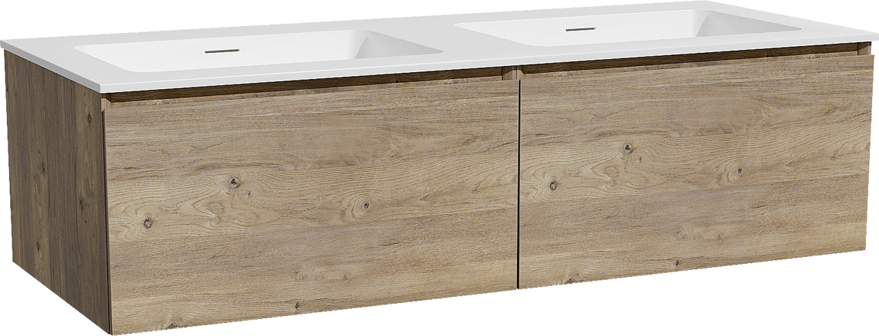 Storke Edge zwevend badkamermeubel 130 x 52 cm ruwe eik met Mata dubbele wastafel in solid surface mat wit