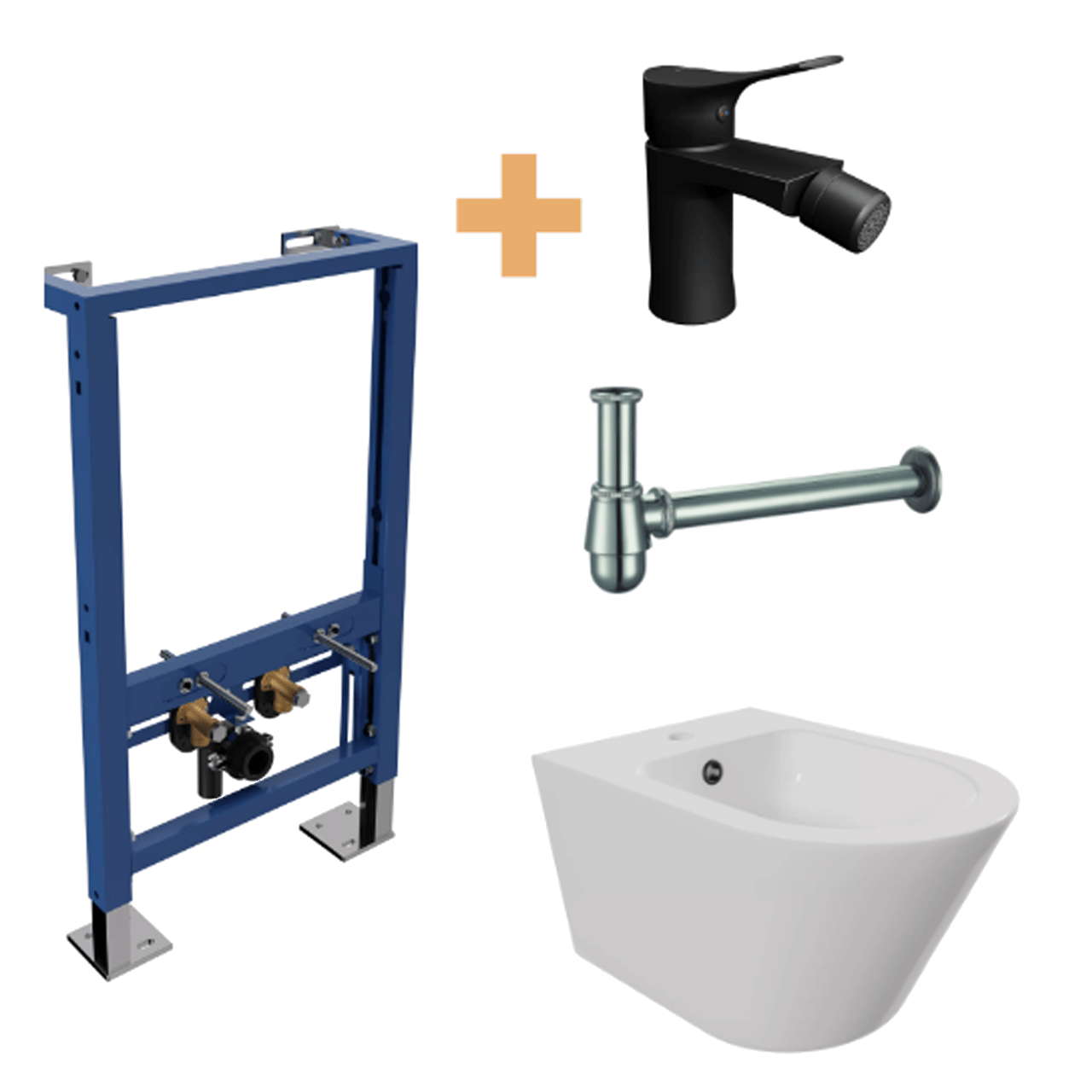 Bidet Set: Luca Varess Calibro, Wand-Bidet, Weiß, Luca Varess Verna Basis Vorwandelement, Blaufoss Lima Bidetarmatur Schwarz matt und Ablauf