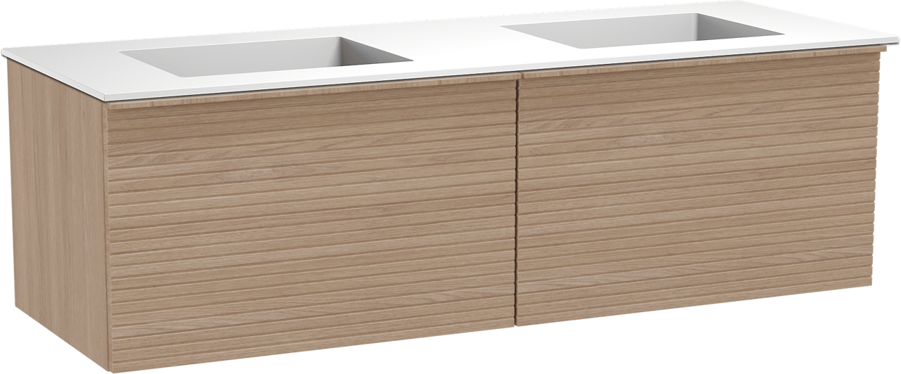 Balmani Forma zwevend badkamermeubel 150 x 55 cm natuur eik met Tablo Stretto dubbele wastafel in solid surface mat wit, Horizontale symmetrische rechte ribbel
