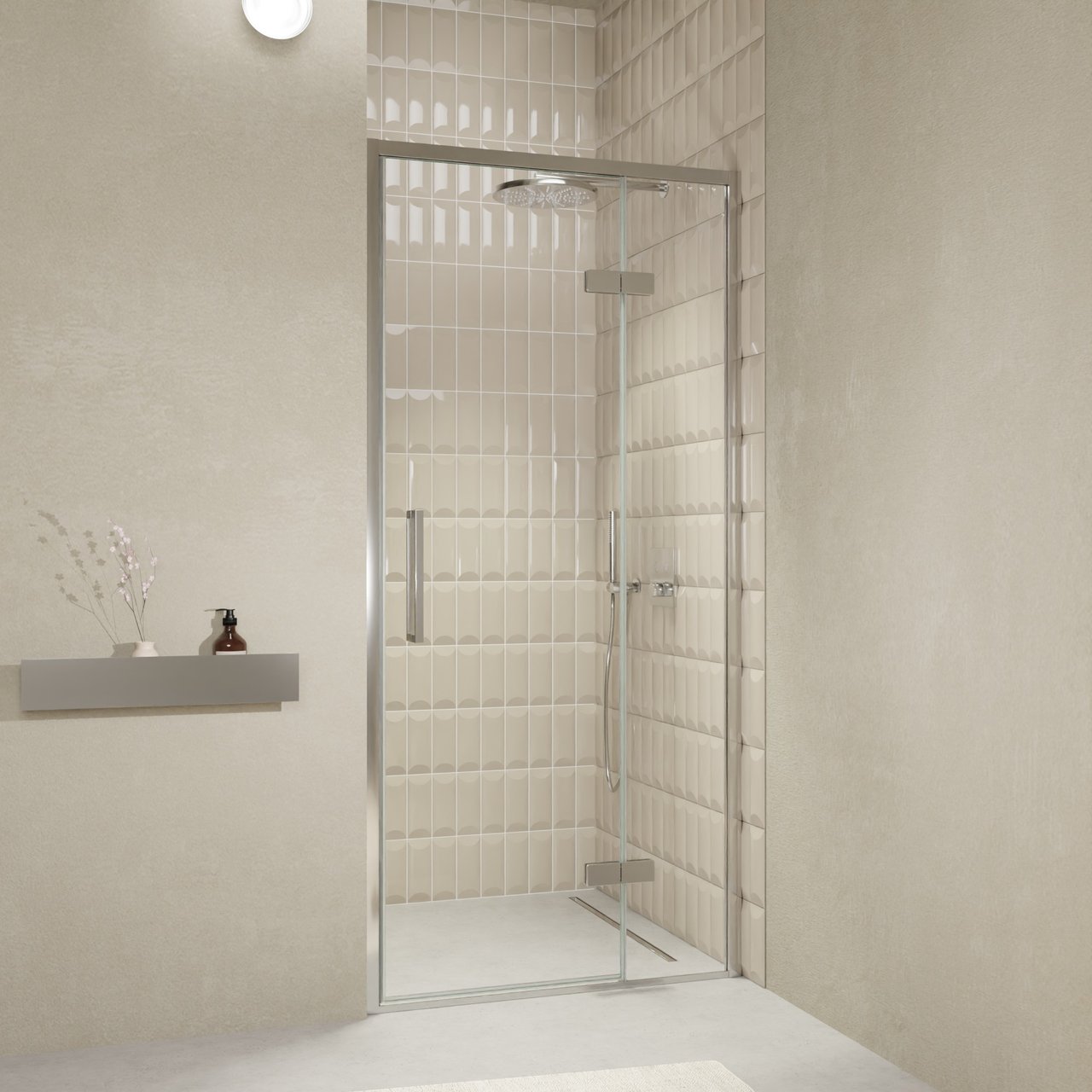 Balmani Senses Design Dusche Drehtür, Rechts, 100 cm x 210 cm, Klarglas, Profil Chrom, inklusive Coating