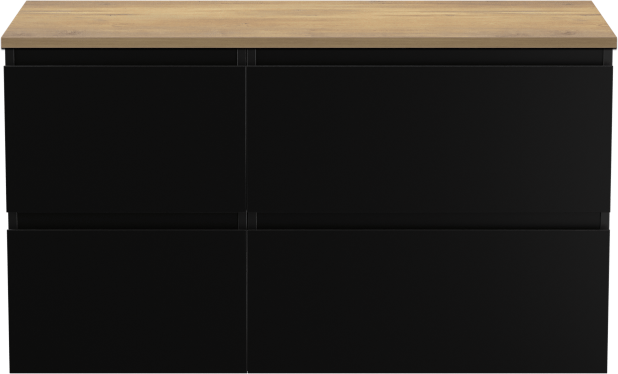 Linie Lado zwevend badmeubel 100 x 46 cm mat zwart met Lado enkel of dubbel wastafelblad in melamine naturel eiken